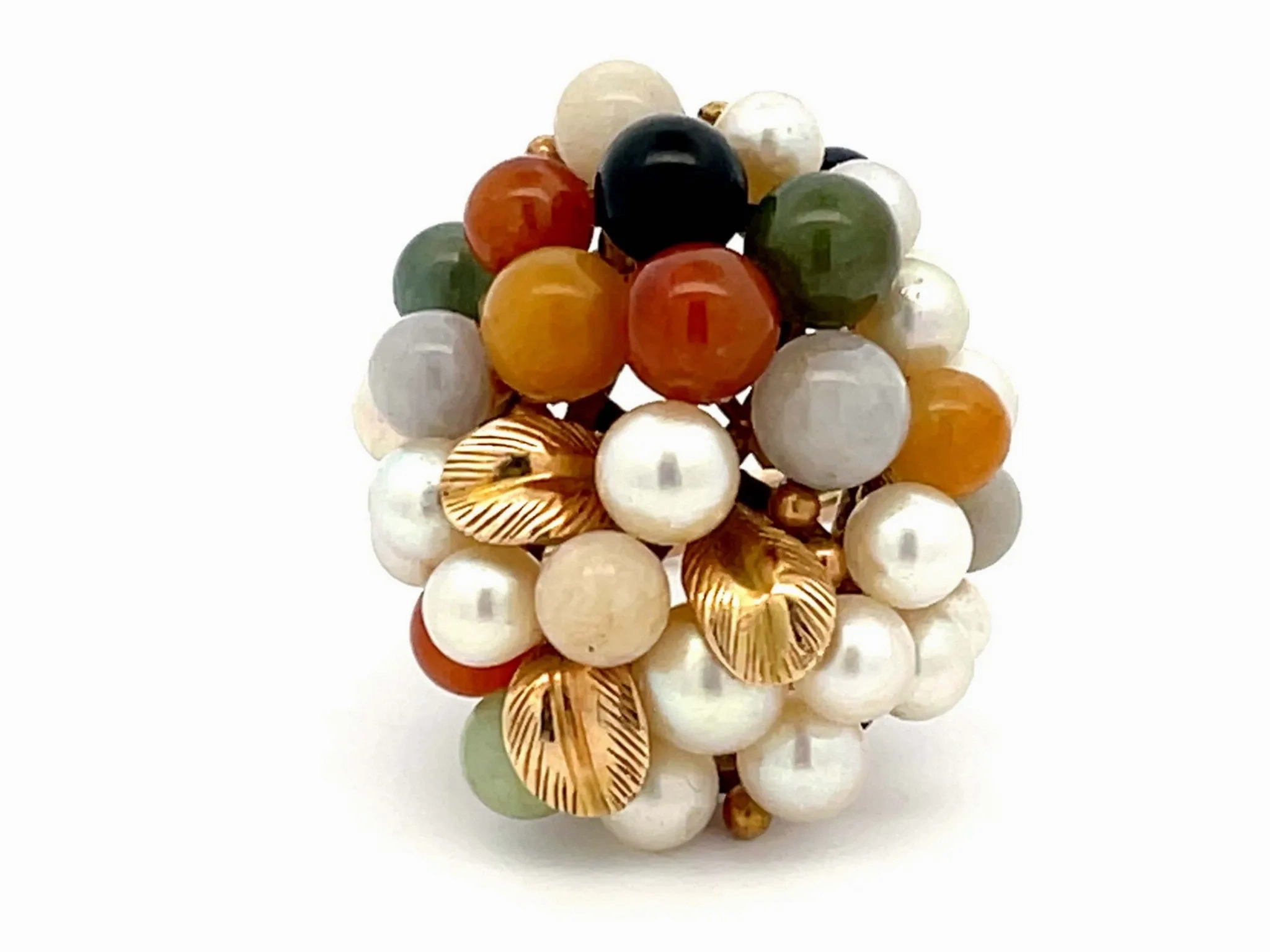 Mings Large Pearl and Jade Leaf Ring in 14k Yellow Gold