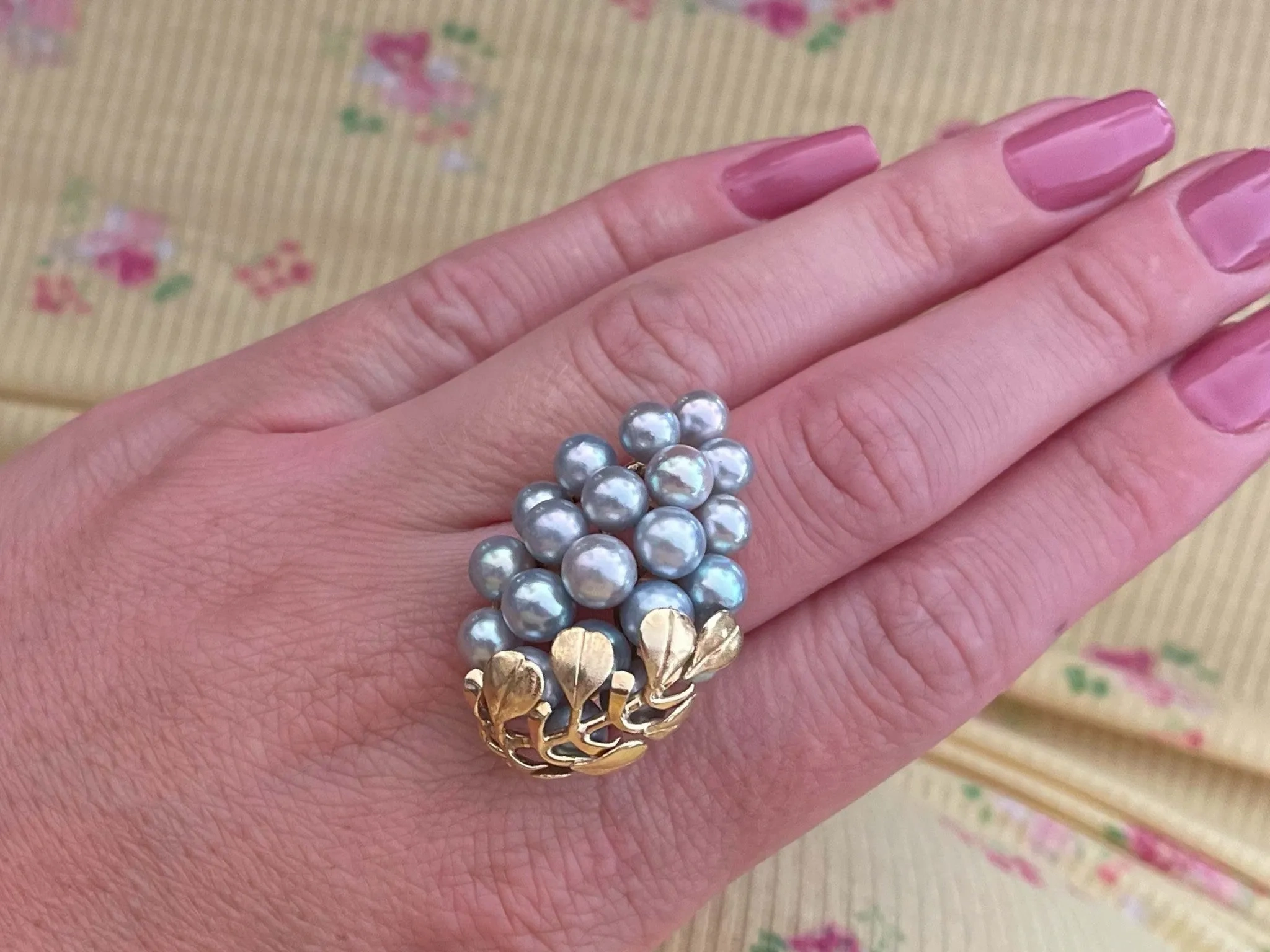 Mings Large Silver Pearl and Leaf Ring in 14k Yellow Gold