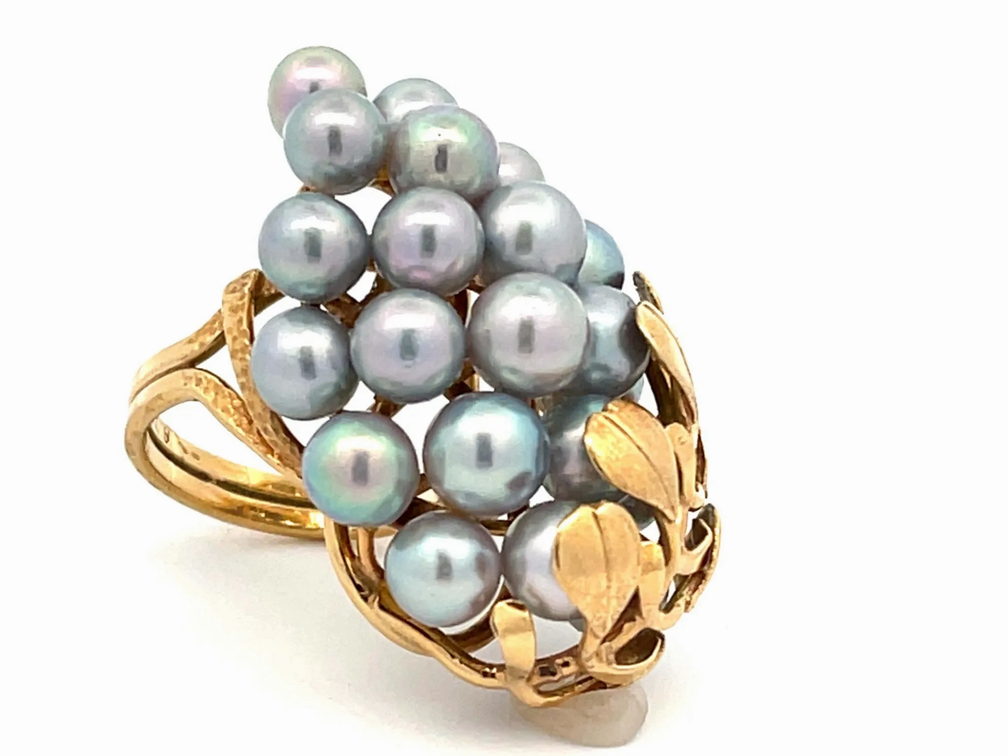 Mings Large Silver Pearl and Leaf Ring in 14k Yellow Gold