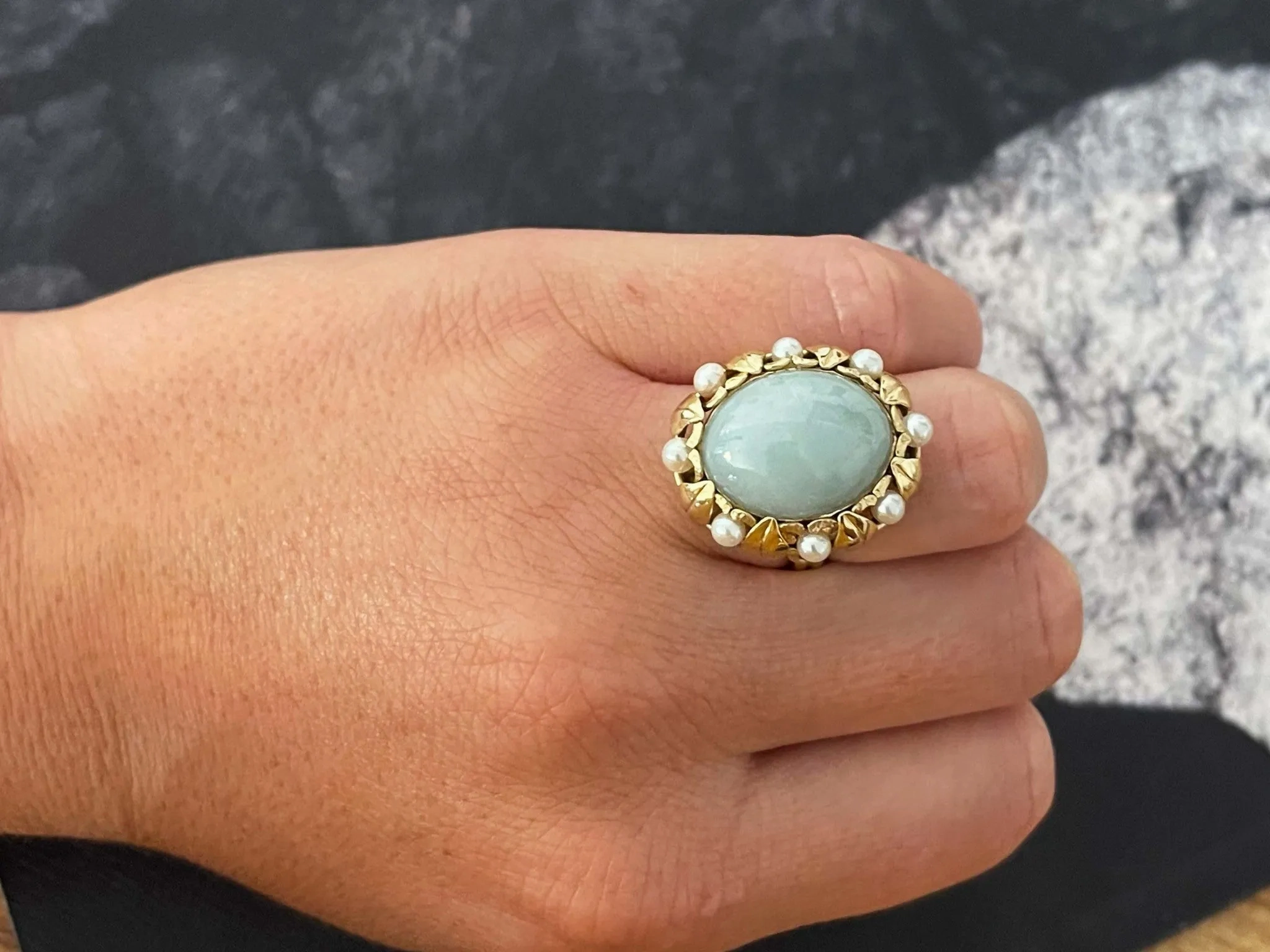 Mings Oval Jade and Pearl Halo Leaf Ring in 14k Yellow Gold
