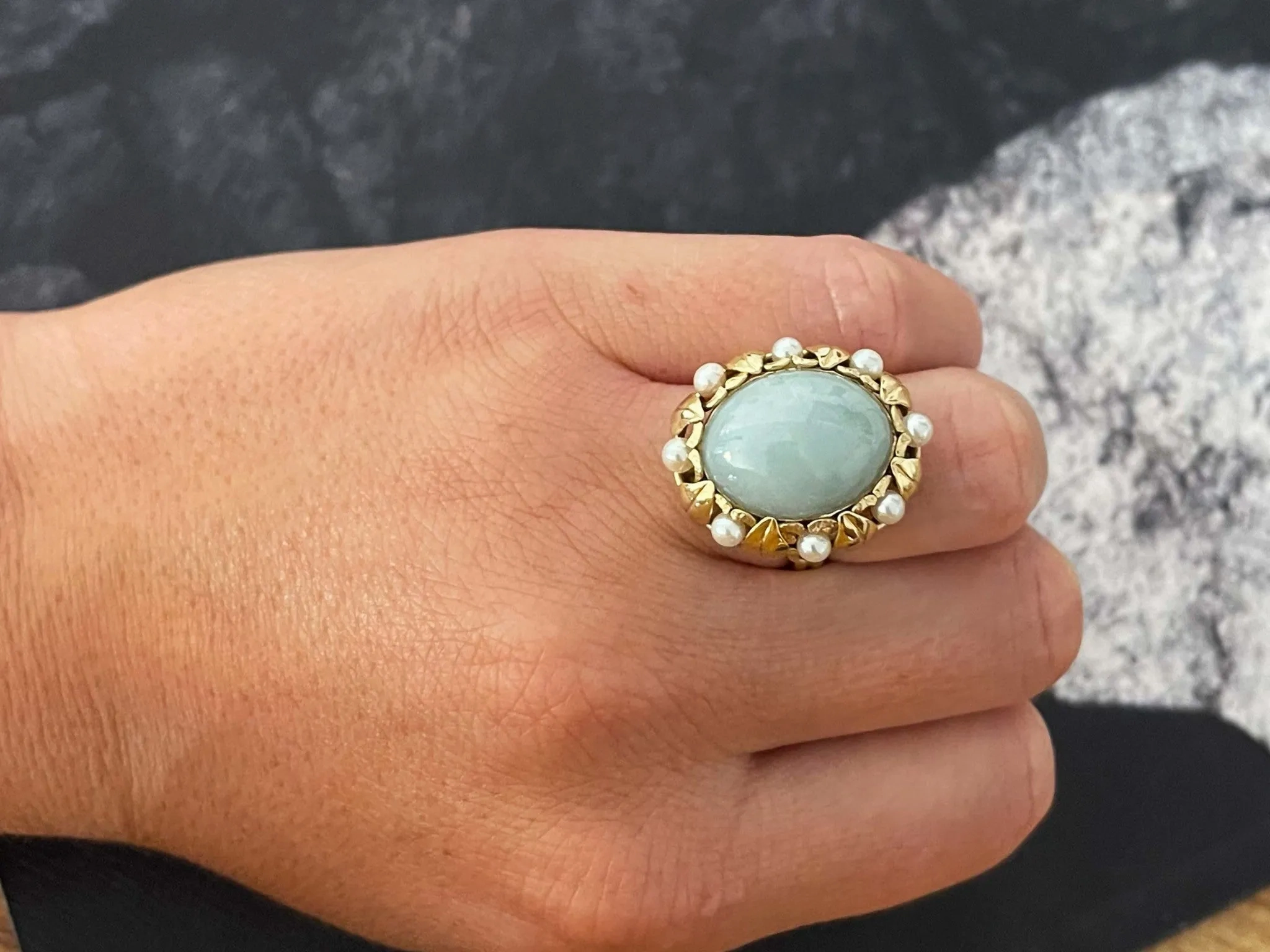 Mings Oval Jade and Pearl Halo Leaf Ring in 14k Yellow Gold