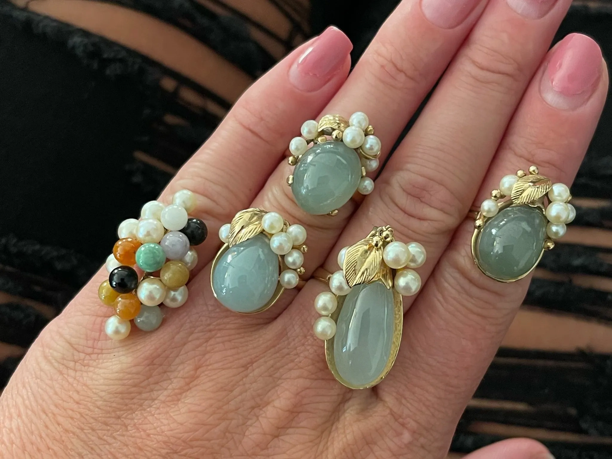 Mings Pear Shaped Jade and Pearl Ring in 14k Yellow Gold