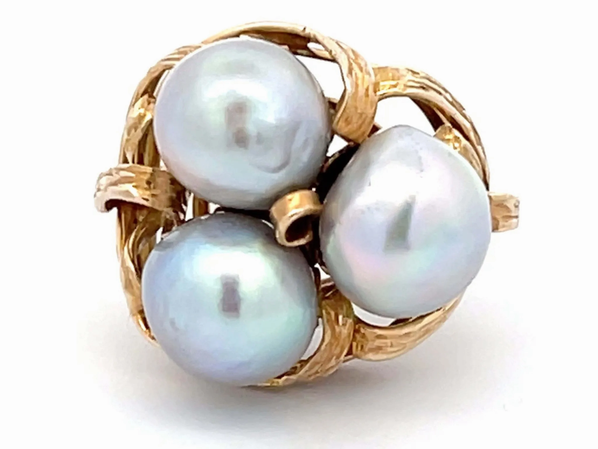 Mings Three Silver Pearl Ring in 14k Yellow Gold