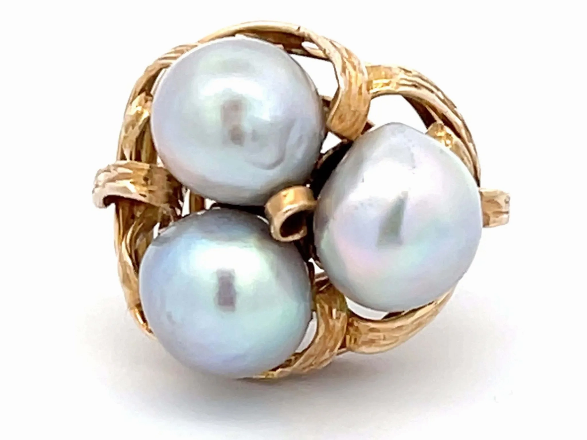 Mings Three Silver Pearl Ring in 14k Yellow Gold