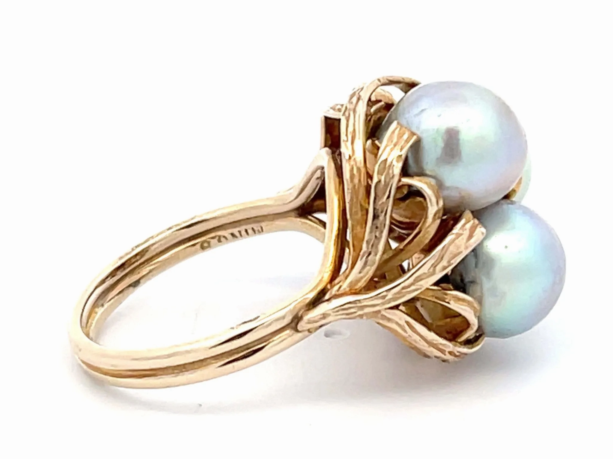 Mings Three Silver Pearl Ring in 14k Yellow Gold