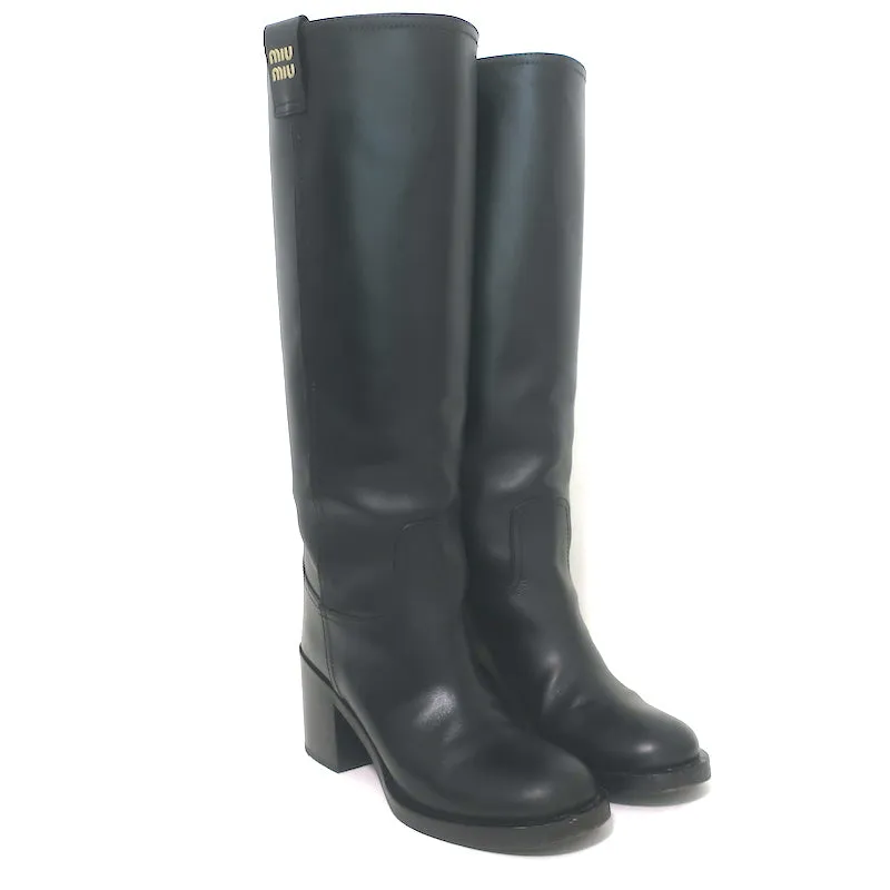 Miu Miu Logo-Detailed Pull-On Stiefeletten Schwarz Leder Größe 37