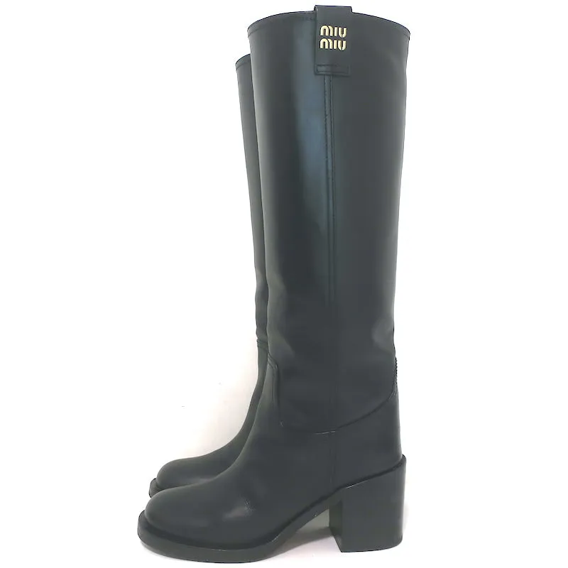 Miu Miu Logo-Detailed Pull-On Stiefeletten Schwarz Leder Größe 37