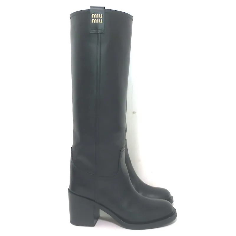 Miu Miu Logo-Detailed Pull-On Stiefeletten Schwarz Leder Größe 37