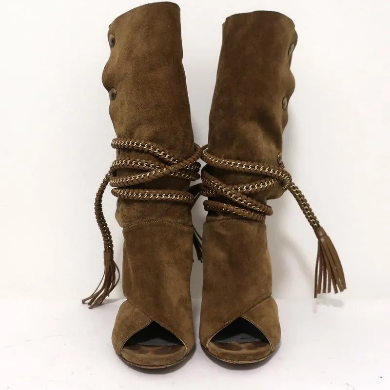 Monika Chiang Geflochtene Ketten-Stiefel Armena Braun Wildleder Größe 35 Spitzenabsatz