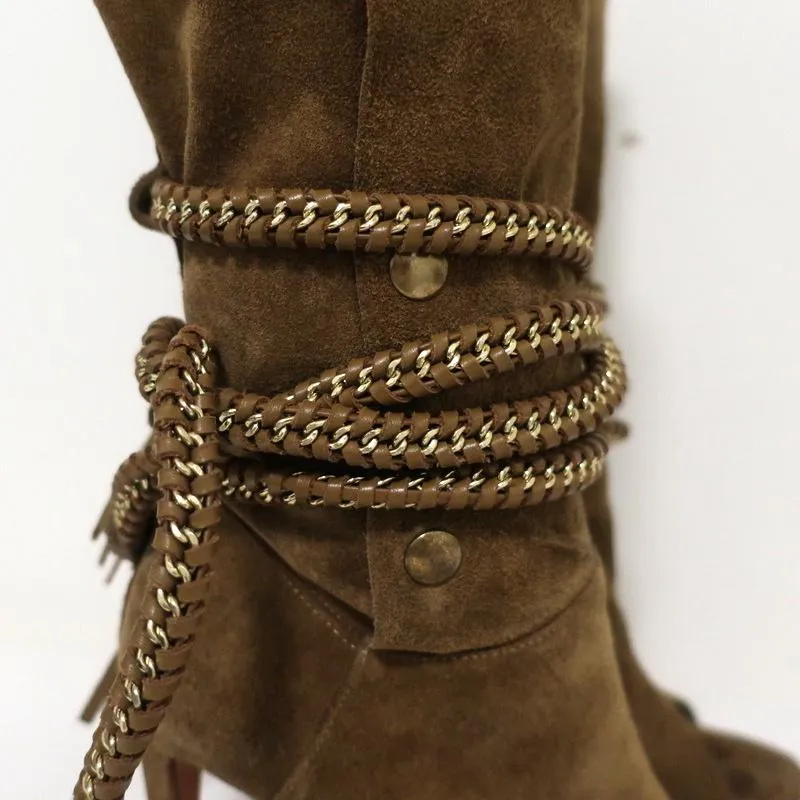 Monika Chiang Geflochtene Ketten-Stiefel Armena Braun Wildleder Größe 35 Spitzenabsatz