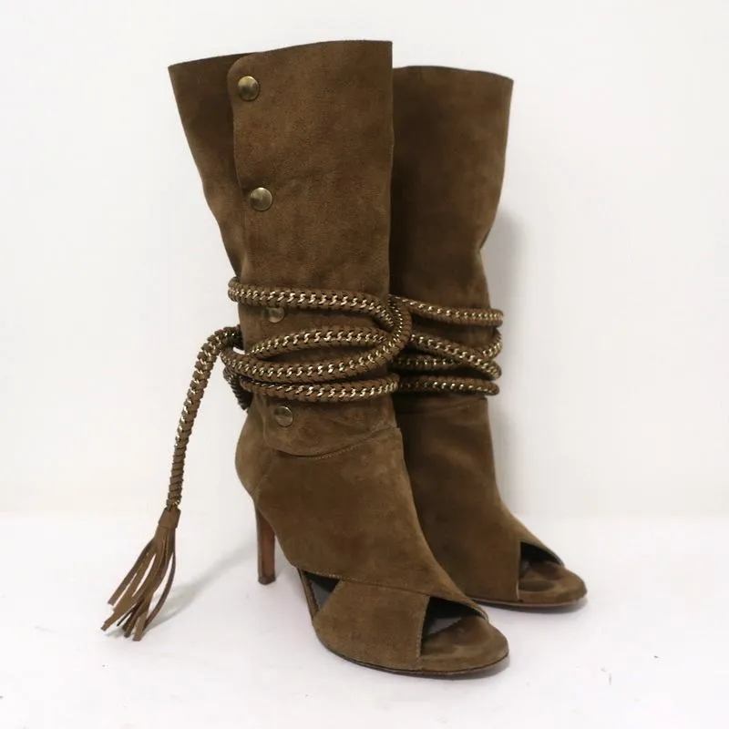 Monika Chiang Geflochtene Ketten-Stiefel Armena Braun Wildleder Größe 35 Spitzenabsatz