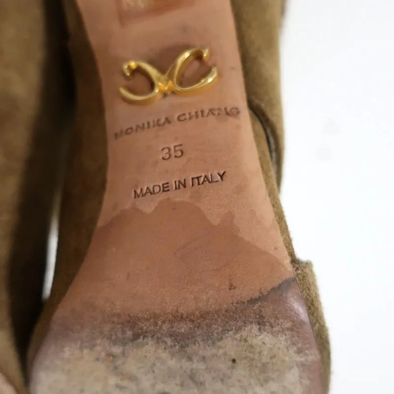 Monika Chiang Geflochtene Ketten-Stiefel Armena Braun Wildleder Größe 35 Spitzenabsatz