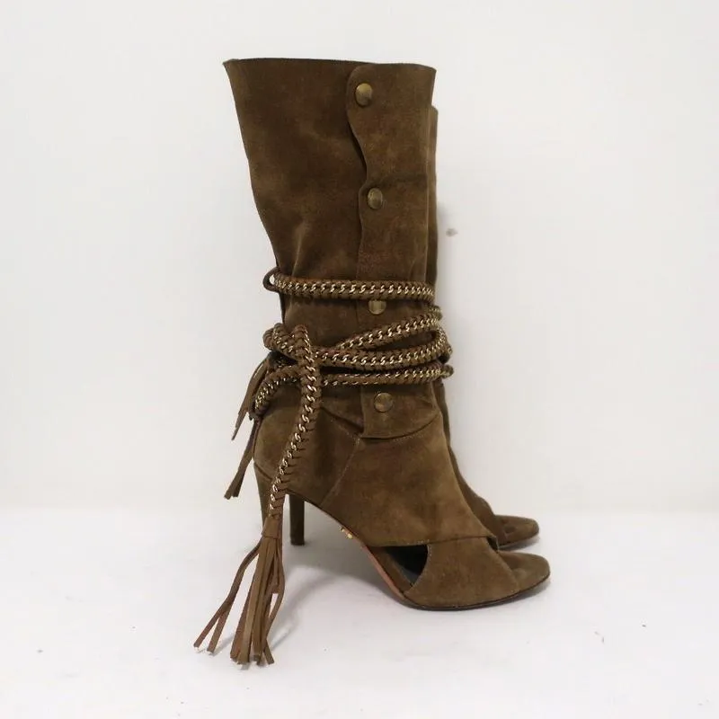 Monika Chiang Geflochtene Ketten-Stiefel Armena Braun Wildleder Größe 35 Spitzenabsatz