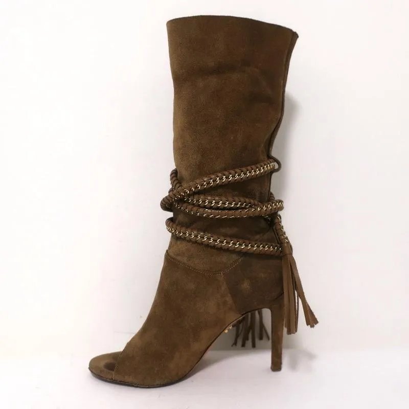 Monika Chiang Geflochtene Ketten-Stiefel Armena Braun Wildleder Größe 35 Spitzenabsatz