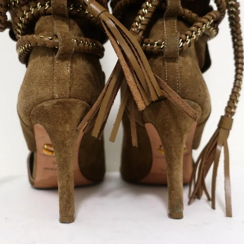 Monika Chiang Geflochtene Ketten-Stiefel Armena Braun Wildleder Größe 35 Spitzenabsatz