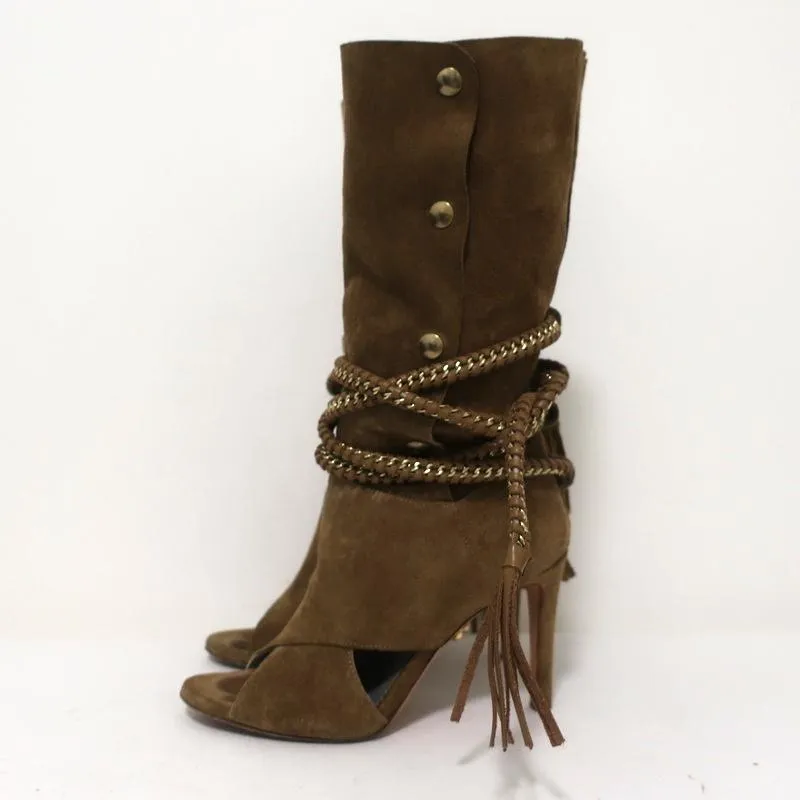 Monika Chiang Geflochtene Ketten-Stiefel Armena Braun Wildleder Größe 35 Spitzenabsatz