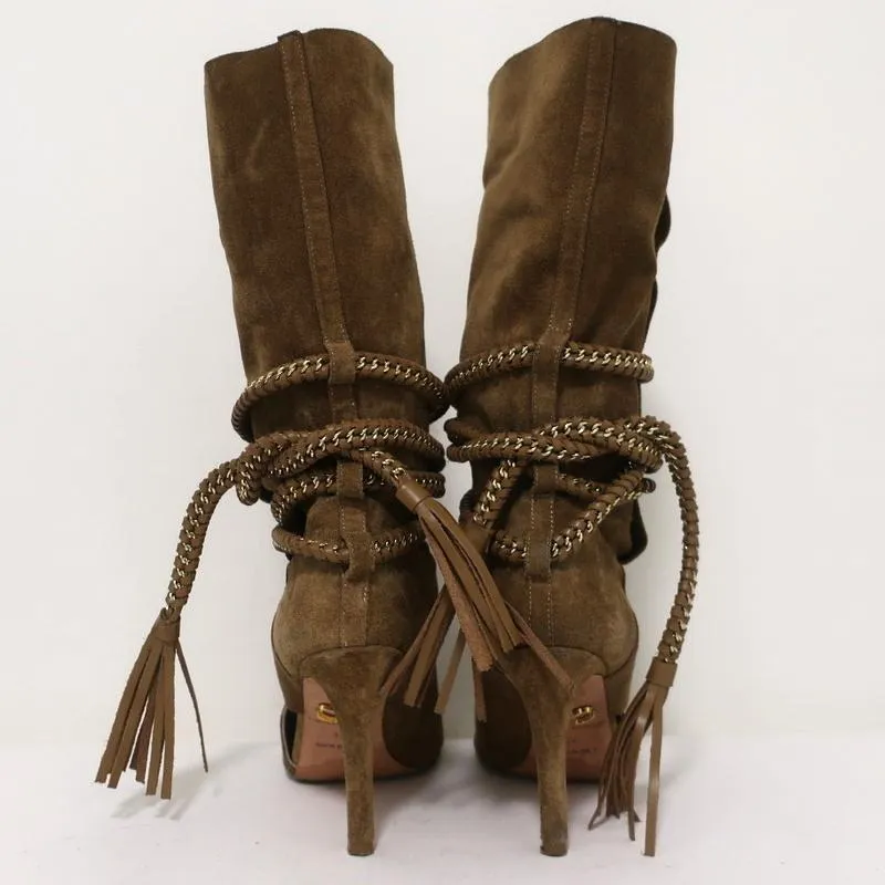 Monika Chiang Geflochtene Ketten-Stiefel Armena Braun Wildleder Größe 35 Spitzenabsatz