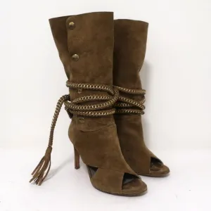 Monika Chiang Geflochtene Ketten-Stiefel Armena Braun Wildleder Größe 35 Spitzenabsatz