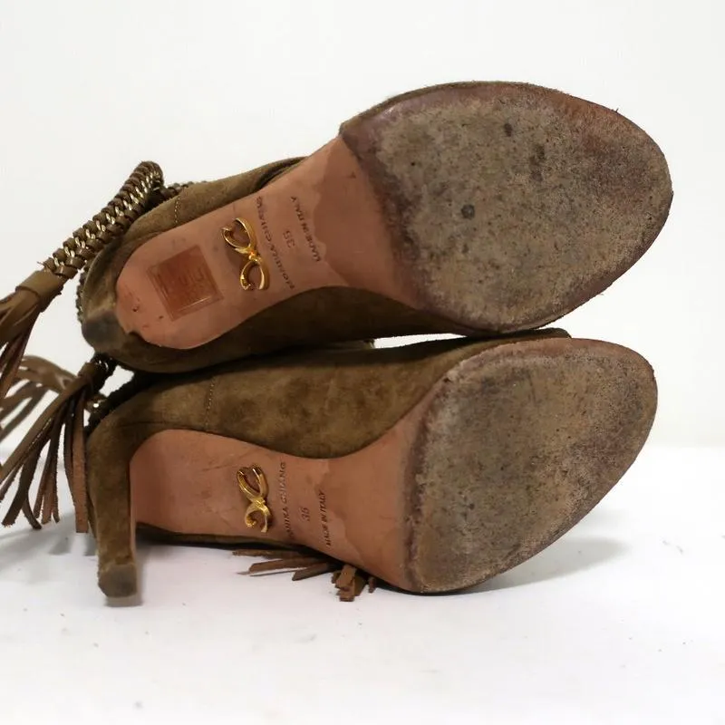 Monika Chiang Geflochtene Ketten-Stiefel Armena Braun Wildleder Größe 35 Spitzenabsatz