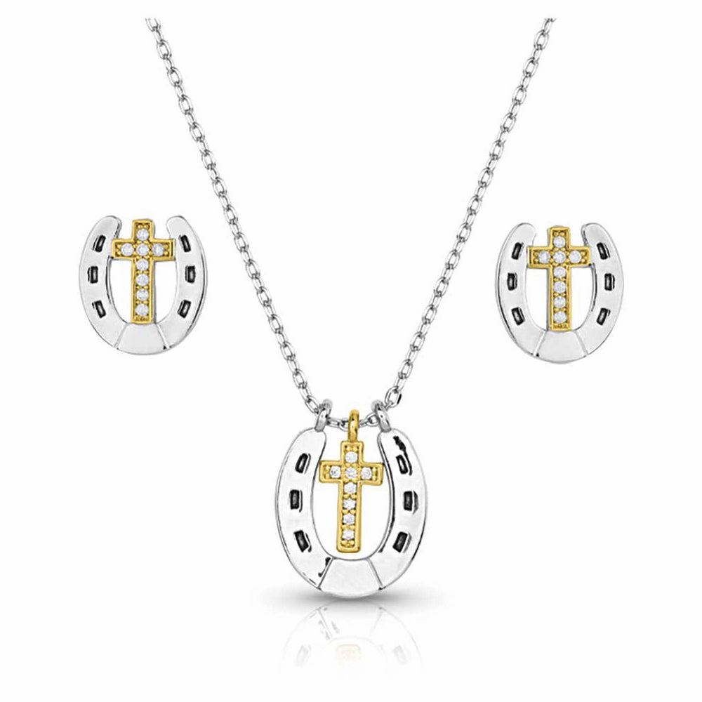 Montana Silversmith Glowing Trails Cross Horseshoe Jewelry Set texture-rose-gold  