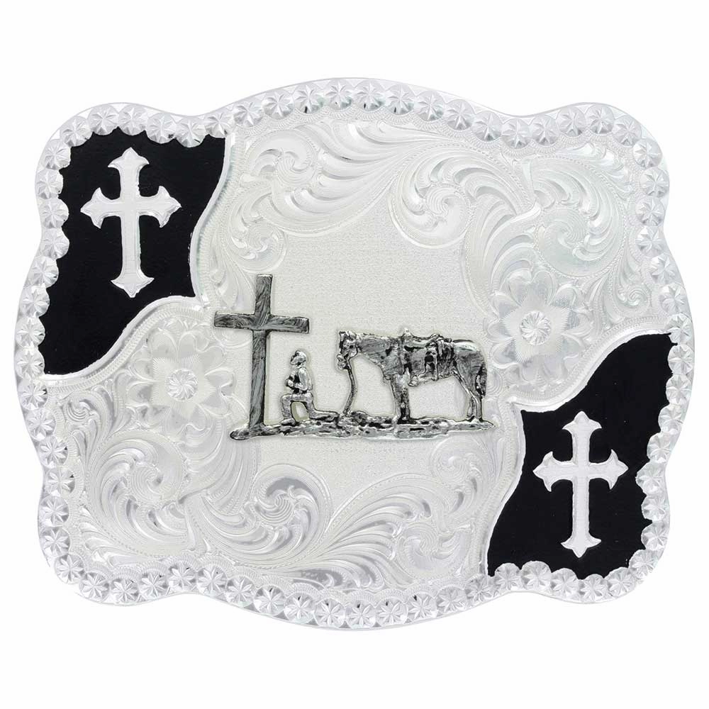 Montana Silversmiths Christian Flourish Scallop Shape Belt Buckle with Christian Cowboy texture-rose-gold  