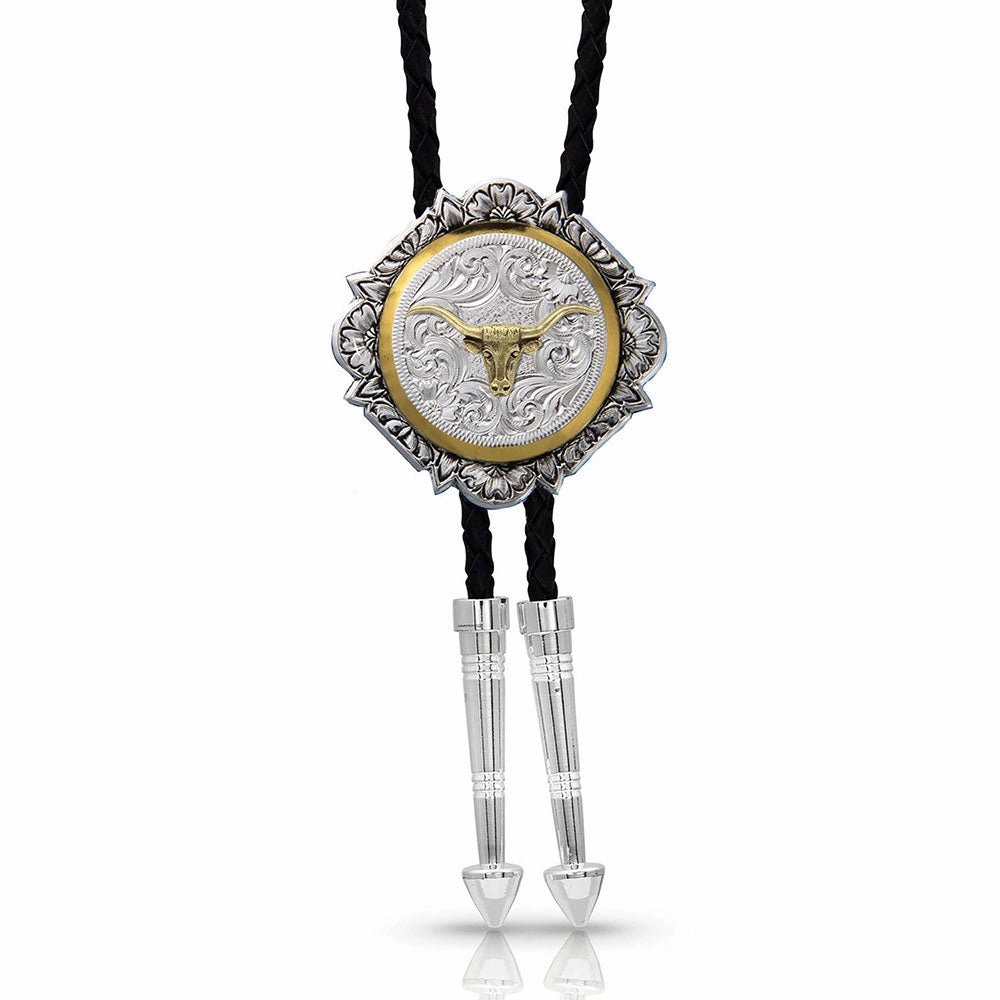 Montana Silversmiths Silver and Gold Engraved Button Bolo Tie texture-rose-gold  