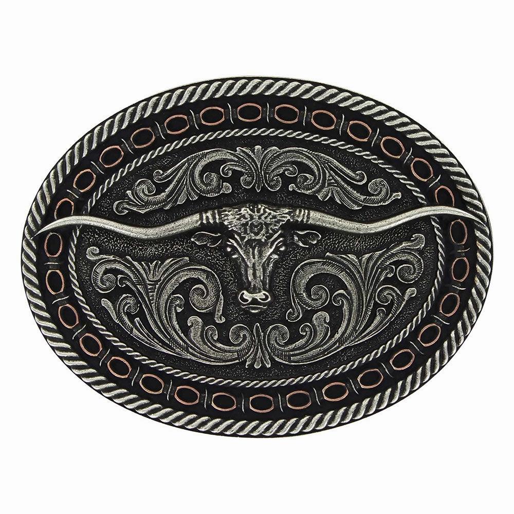 Montana Silversmiths Two Tone Antiqued Round Barbed Longhorn Attitude Buckle texture-rose-gold  