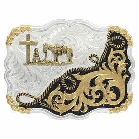 Montana Silversmiths Two Tone Half-n-Half Rope Buckle with Christian Cowboy texture-rose-gold  
