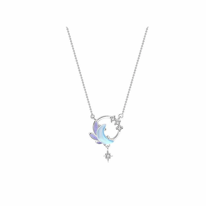 Moon Star Necklace Sterling Silver Small Artistic Cold Enamel Friend Gift