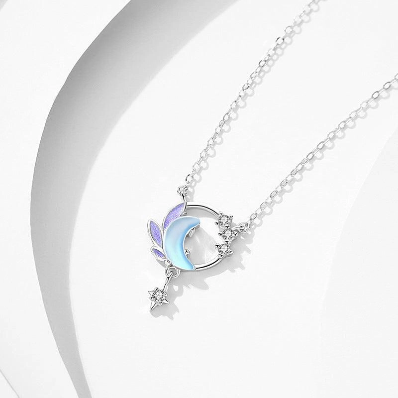 Moon Star Necklace Sterling Silver Small Artistic Cold Enamel Friend Gift