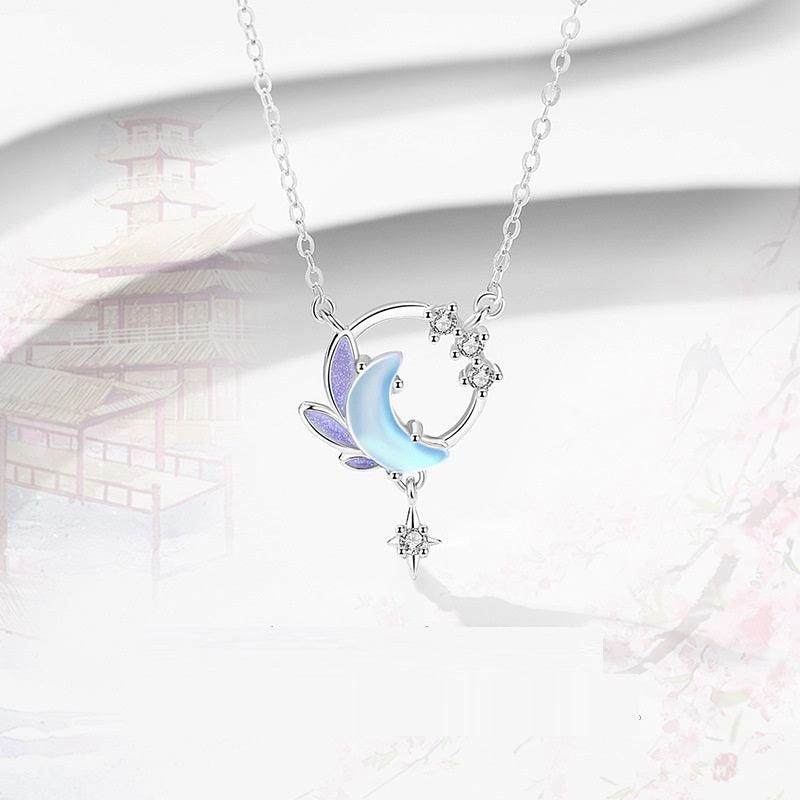 Moon Star Necklace Sterling Silver Small Artistic Cold Enamel Friend Gift