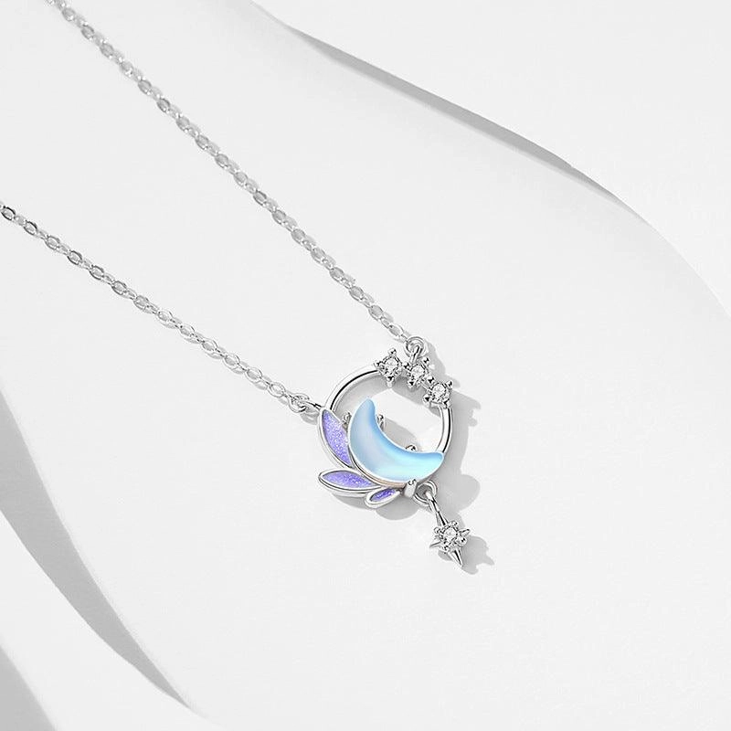 Moon Star Necklace Sterling Silver Small Artistic Cold Enamel Friend Gift