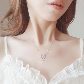 Moon Star Necklace Sterling Silver Small Artistic Cold Enamel Friend Gift 