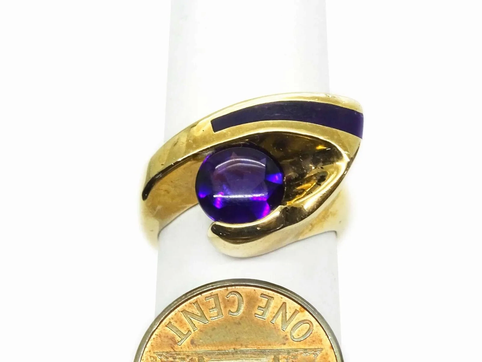 Natural Amethyst &amp; Sugilite Inlay Euro Shank Ring 14k Gold Size 6.5