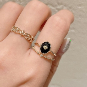 Natural Black Agate Flower Cut Ring 