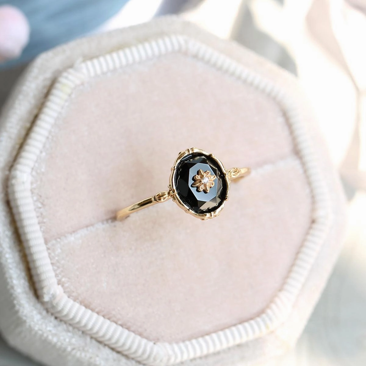 Natural Black Agate Flower Cut Ring