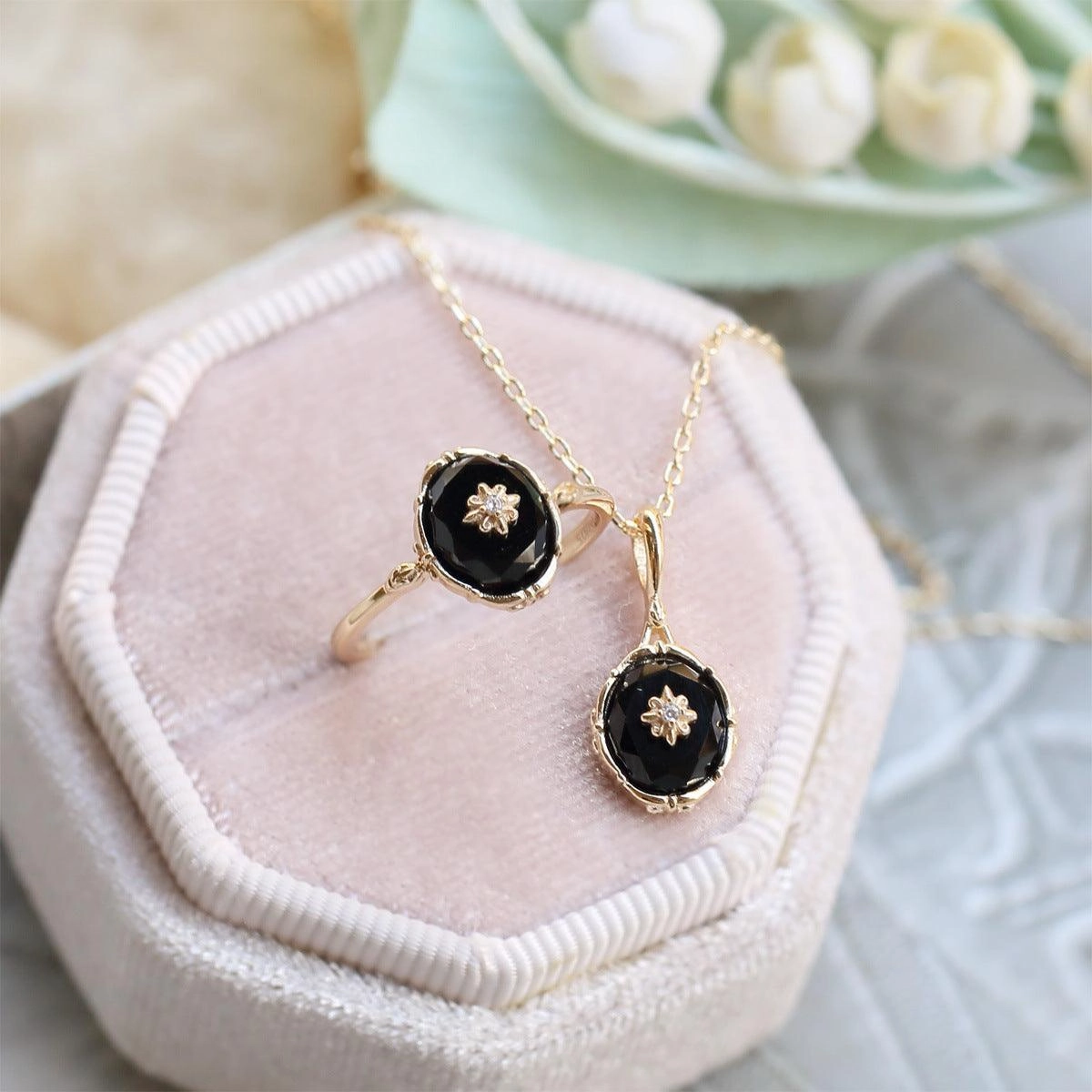 Natural Black Agate Flower Cut Ring