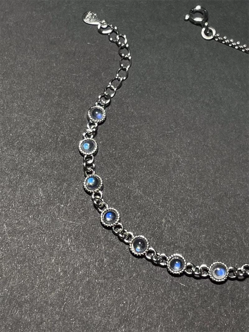Natural Blue Moonlight Stone Silver 925 Inlaid Edge Bracelet
