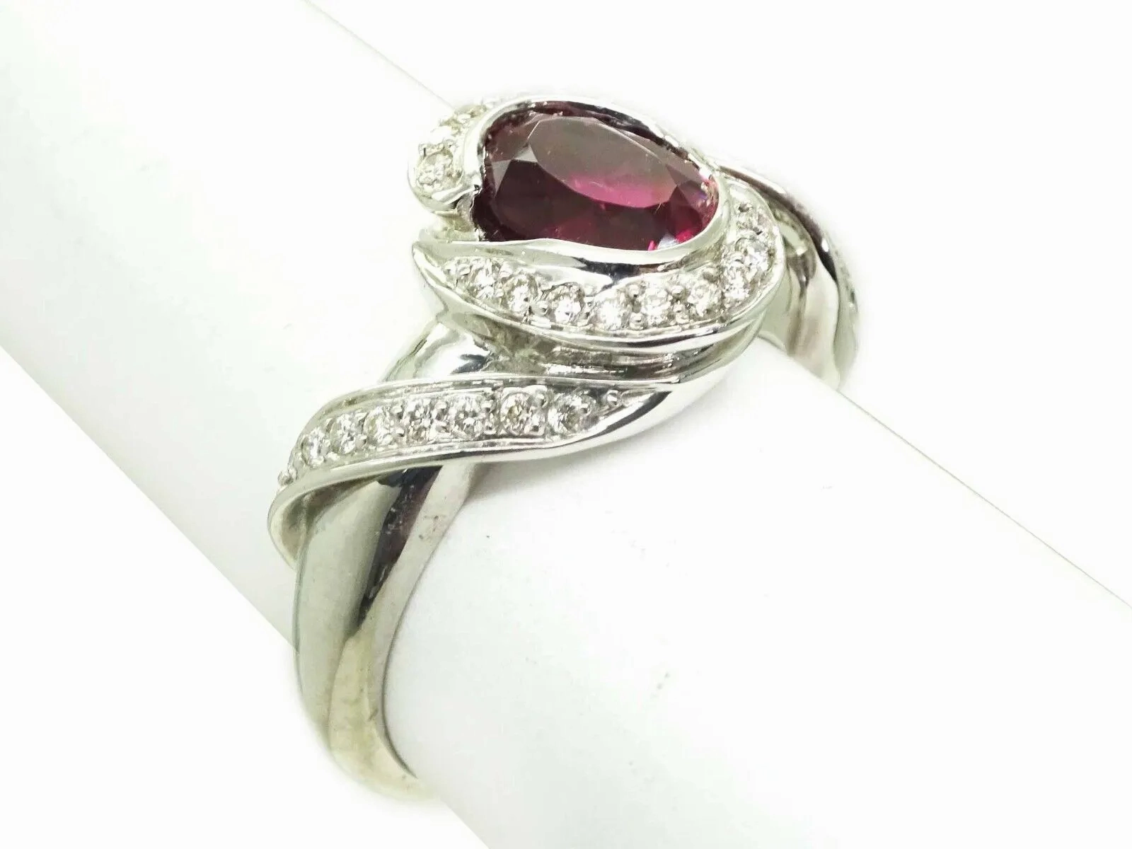 Natural Rubellite Tourmaline &amp; Diamond Ring 14k White Gold Size 9