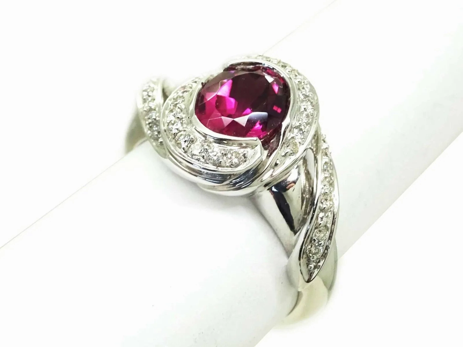 Natural Rubellite Tourmaline &amp; Diamond Ring 14k White Gold Size 9