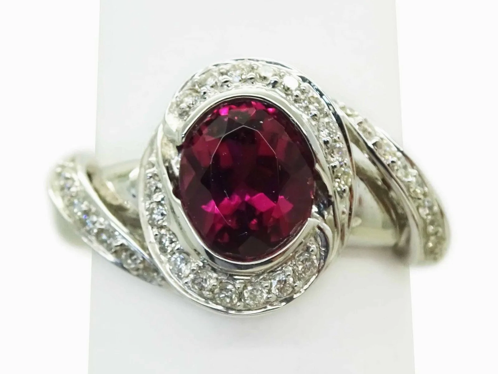 Natural Rubellite Tourmaline &amp; Diamond Ring 14k White Gold Size 9