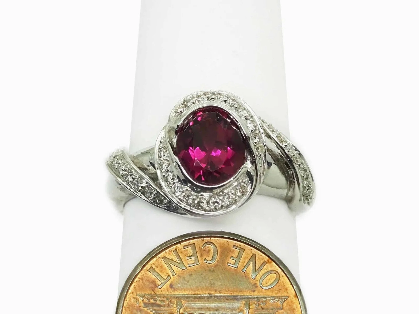 Natural Rubellite Tourmaline &amp; Diamond Ring 14k White Gold Size 9