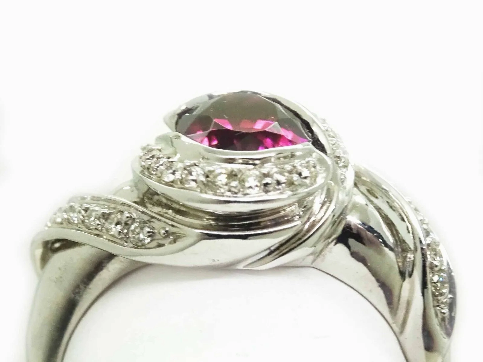 Natural Rubellite Tourmaline &amp; Diamond Ring 14k White Gold Size 9
