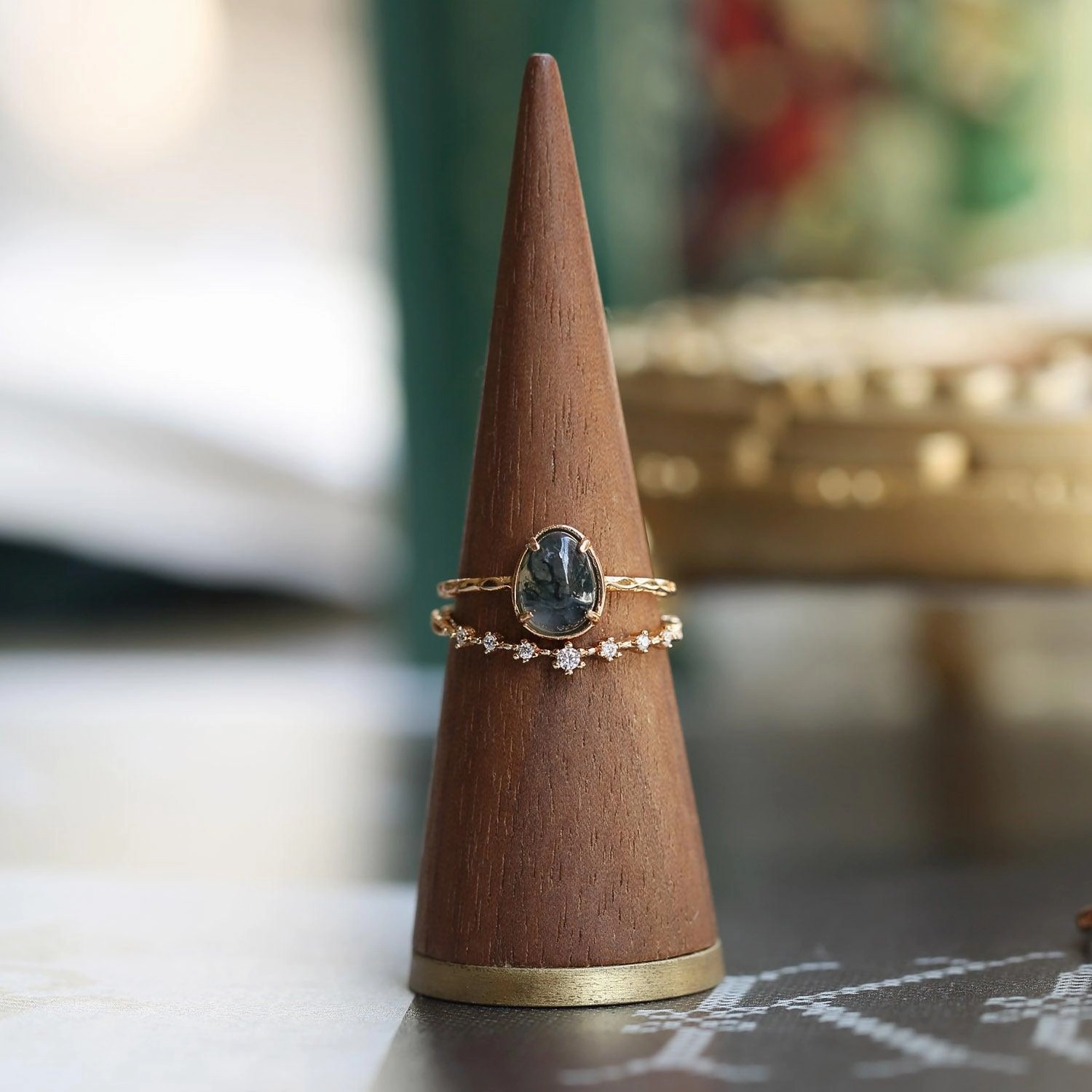 Natural Seaweed Green Agate 925 Silver Ring