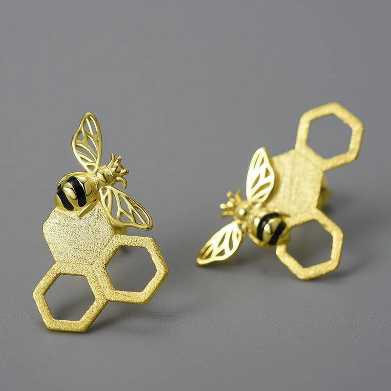New Beehive Ear Studs Sterling Silver Female Art Handmade Bee