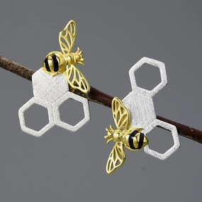New Beehive Ear Studs Sterling Silver Female Art Handmade Bee 