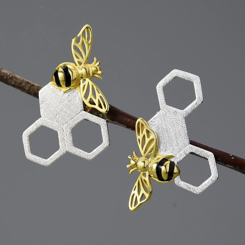 New Beehive Ear Studs Sterling Silver Female Art Handmade Bee 