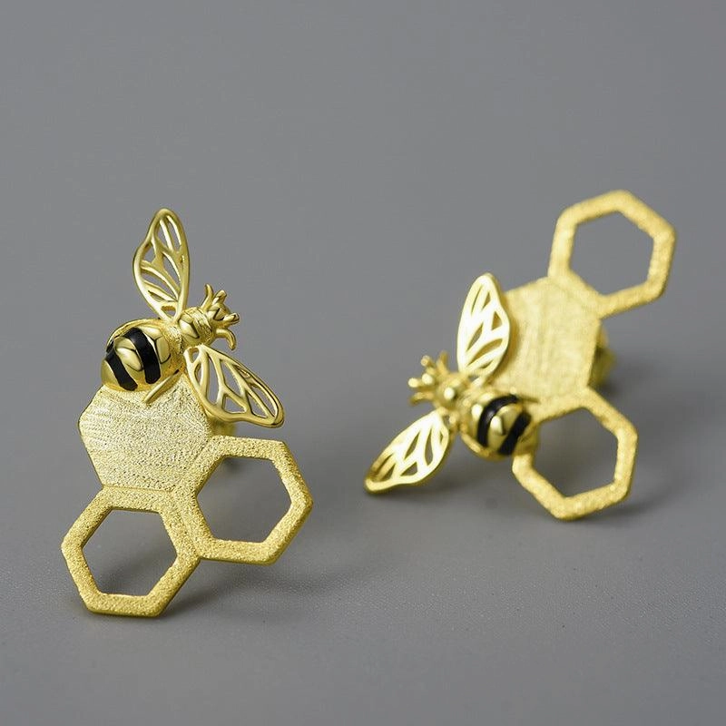New Beehive Ear Studs Sterling Silver Female Art Handmade Bee