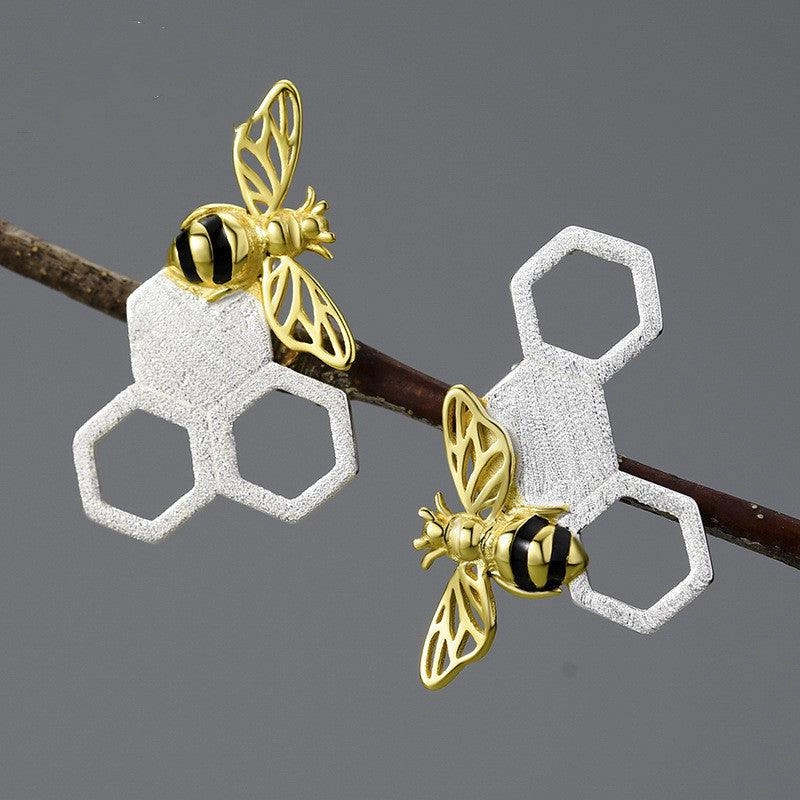 New Beehive Ear Studs Sterling Silver Female Art Handmade Bee 