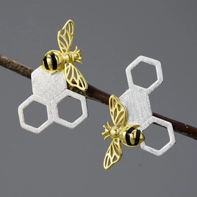 New Beehive Ear Studs Sterling Silver Female Art Handmade Bee 